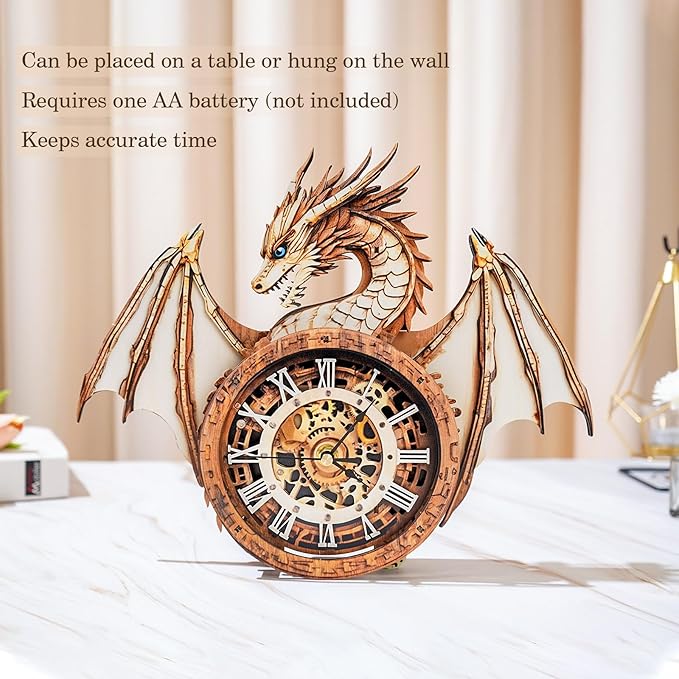 KAAYEE 3D Puzzle for Adult, Wooden Dragon Pendulum Clock Mechanical Model Kit, 32 PCS DIY Vintage Wall Clock Building Kit, Creative Craft Gift for Birthday Home Decor (Battery Not Included)
