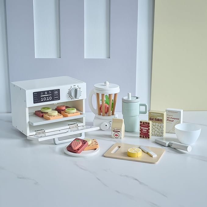 Teamson Kids Little Chef Santa Barbara Wooden Healthy Dessert Set - 27 Pieces Pretend Toy Food Accessories Plus Oven & Blender, Educational Role-Play for Kids Ages 3+, White