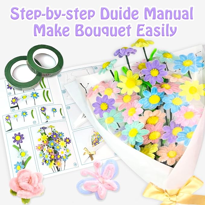 Pipe Cleaners Craft Kit 9 Assorted Colors Pipe Cleaners Bulk Flower Making Kit Chenille Stems DIY Arts and Crafts Supplies for Kids Adults Creative Bouquet Festival Home Decor Toys Gifts, Daisy
