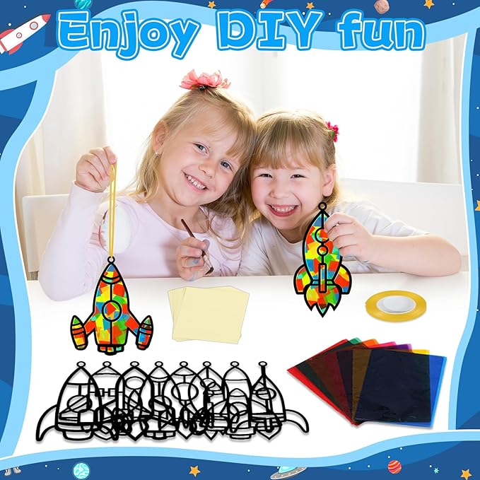 32 Sets Outer Space Rocket Suncatchers Craft Kit DIY Window Stained Glass Effect Space Theme Paper Crafts for Home School Classroom Decoration Kid Birthday Gifts Creative Art Projects Activity Game