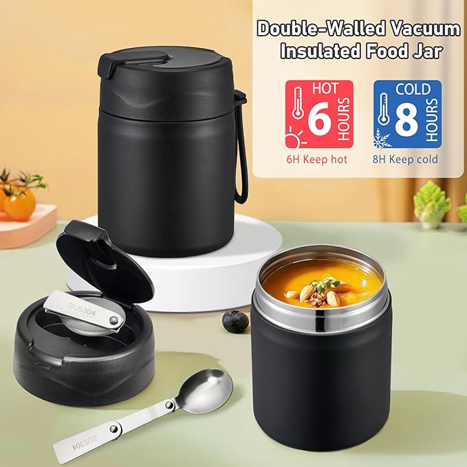 Bento Lunch Box for Kids with 17oz Soup Thermo,Insulated Tumbler Water Bottle and Insulated Lunch Bag,Leak-Proof 3 Compartment Lunch Food Container with with Ice Pack for Kids to School-Black