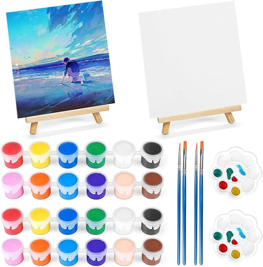 2 Pack 8 * 10In Canvas Boards for Painting, Art Canvas for Drawing with 4 Brushes & 2Paint Trays & 4 Acrylic Paint, Mini Painting Canvas with Easel Set, Painting Kits for Adults & Kids Party