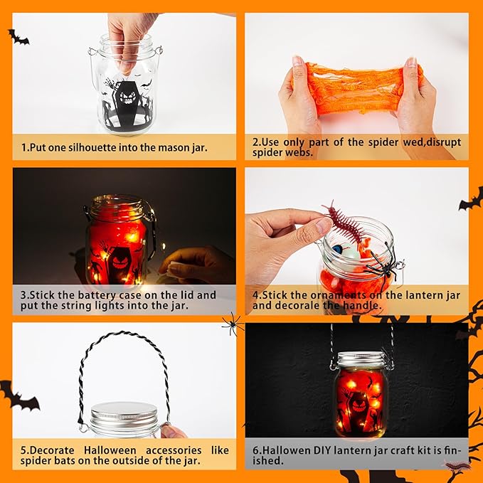 Shemira Halloween Craft Kit - 6pc Glass Mason Jar DIY Lantern Kit, Party Supplies for Kids