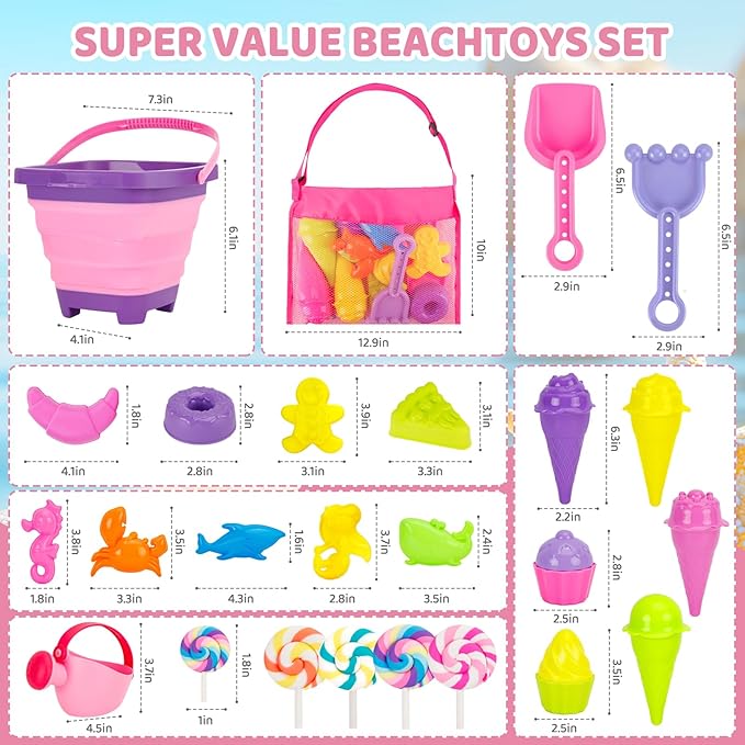Collapsible Beach Toys Set for Kids Girls Ice Cream Sand Toys Set with Bucket & Shovels Set & Sand Molds and Mesh Bag, Travel Sandbox Toys for Toddlers Age 3-10