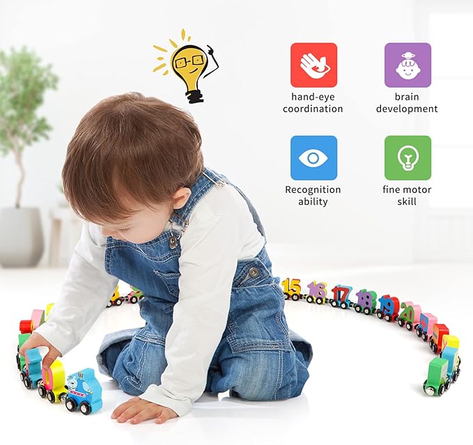 Wondertoys 27 PCS Wooden Magnetic Number Train Set Toy Compatible with Major Brands Train Set Tracks