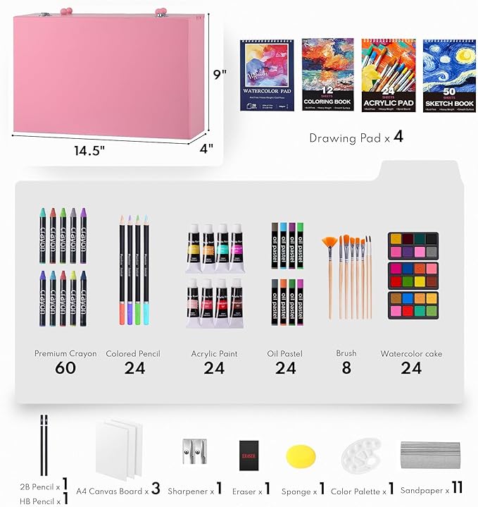 194 Piece Deluxe Art Set, Painting Drawing Art Supplies with 4 Drawing Pads, Acrylic Paints, Crayons, Colored Pencils Set in Wooden Case, Art Kit Gift Box for Kids, Teens, Adults, Artists, Beginners