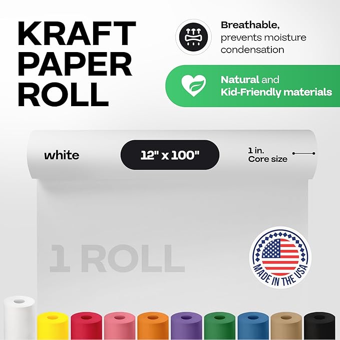 12" x 1200" (100 feet) White Kraft Paper Roll - USA-Made Quality Craft Paper for Gift Wrapping, Kids' Arts & Crafts, School Projects - 100% Recycled Natural Material 50lb Thickness by IDL Packaging