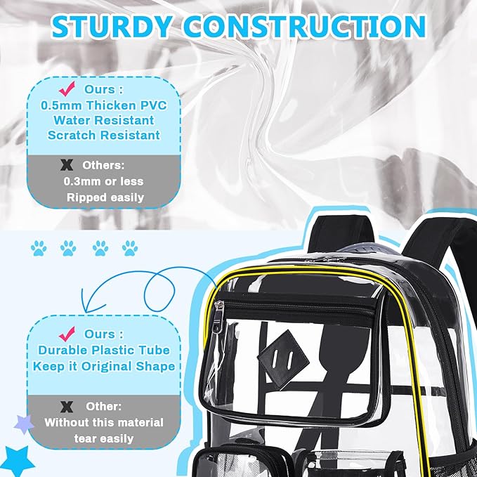 Clear Backpack for School,Heavy Duty PVC Transparent Bookbag for Girls Stadium Approved See Through Backpack