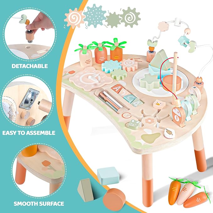 Activity Table for 1+ Year Old, 9-in-1 Montessori Wooden Sensory Play Table with Shape Sorter Fishing Game Bead Maze, Baby Activity Center Learning Toys for Toddler 12-18 Months