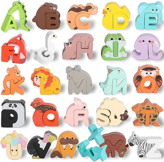 Animal Alphabet Puzzle Matching Game - Wooden Alphabet Learning Toys, ABC Puzzles for Toddlers 2-4, Montessori Educational Toys for Kids Ages 3-5 Up