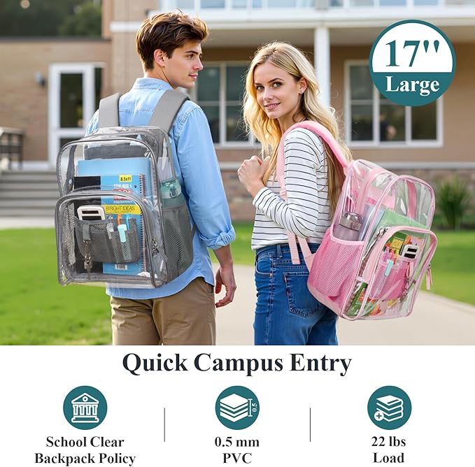 PACKISM Clear Backpack - 17 inch Heavy Duty Clear Backpacks for School, Large Transparent Bookbag for Students (Age 12+)