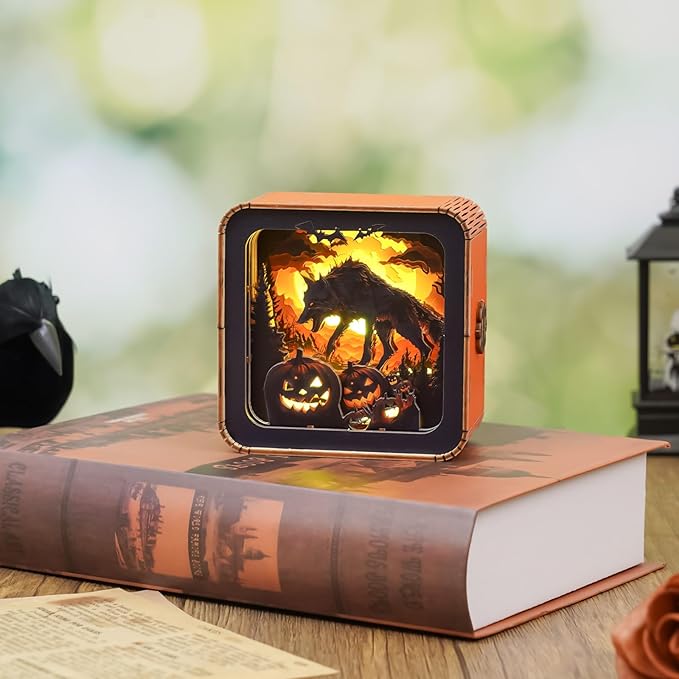 3D Puzzle Nightlight-DIY LED 3D Halloween Wolf Light Wooden Jigsaw Puzzle-Art Lamp and Craft Kits for Kids and Adults-Birthday Gifts Toys-Home Desk Decor Family Game