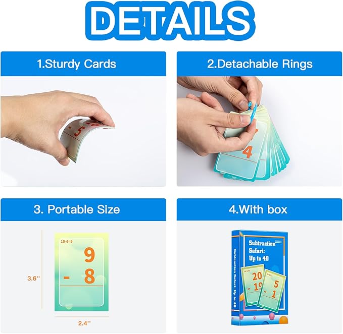 Subtraction Flash Cards, Math Facts Flashcards 1-20, Math Manipulatives Games for Kindergarten, 1st, 2nd, 3rd, 4th, 5th, 6th Grade Kids Ages 4-12