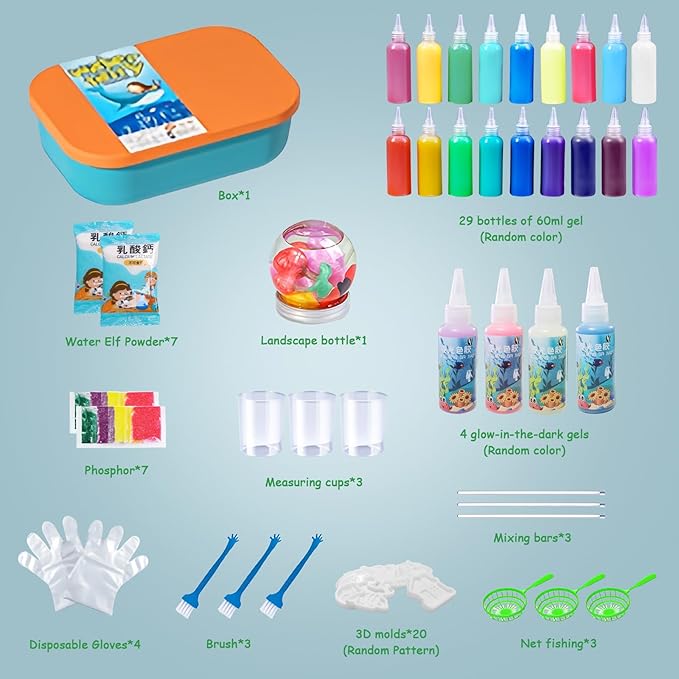 TSMJUWND Magic Water Elf Toy Kit, Squishy Maker Kits with 33 Colors Magic Gels, 20 Shapes Molds and 8 Elf Powder Craft Kits for Party Festival Christmas Birthday Gift for Kids Boys Girls
