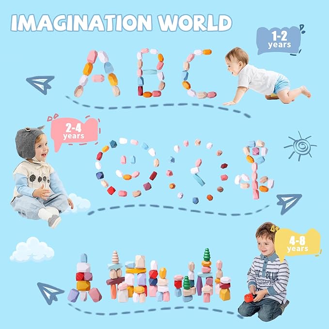 48 PCS Wooden Stacking Rocks Stones Building Blocks, Montessori Toys for 3+ Year Old Preschool Learning Activities Balancing Stacking Game, Birthday Gifts for 3 4 5 6 Year Old Girls Boys Kids