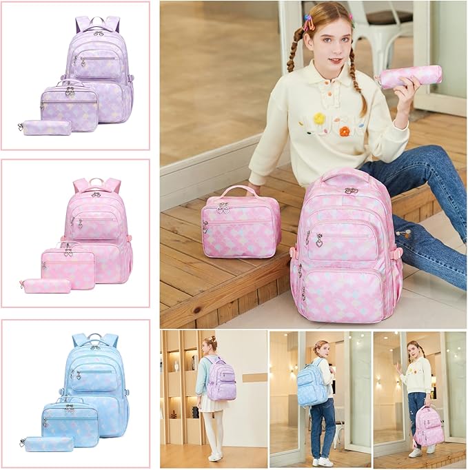 3Pcs Kids Backpack Set for Girls with Matching Lunch Bag, Girls School Bag Backpack for Kids