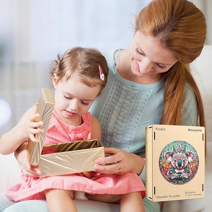 Wooden Jigsaw Puzzle, 200 Pcs Unique 3D Shape Jigsaw Puzzles, Wood Puzzle Gift Box Packing, Medium Size Letter, Creative Gift for Adults and Kids, Fun Challenging (200PCS, Koala)