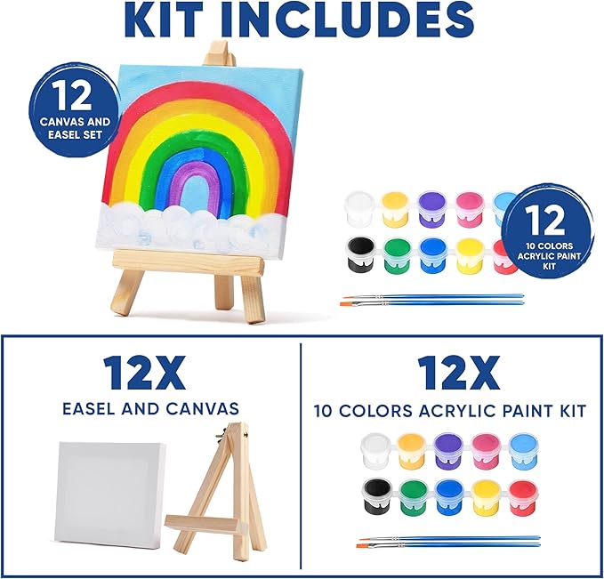 Mini Canvas and Easel Set with 10 Colors Acrylic Paint in Bulk Set of 12 - Kids Art Party Favors & Party Supplies - 4x4 Small Canvases for Painting with Mini Easel - Paint for Kids