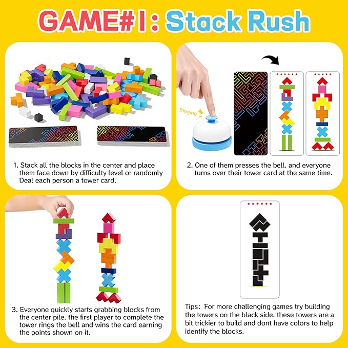 Wooden Block Game 120Pcs Fast-Paced Stacking Building Block Game Challenging Board Games for Kids 1 to 6 Players Color Block Puzzles Party Games for Ages 4+ Blue