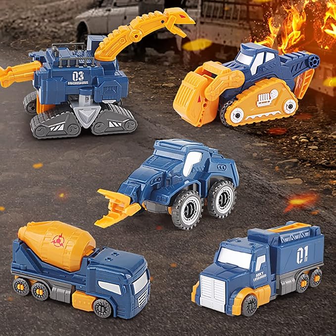 Construction Trucks Toy Dinosaur Vehicles Magnetic Set, 5-in-1 Educational STEM Building Car Kit, Transform to Big Robot, Holiday Birthday Present for Toddler Kid 3 4 5 6 7 Year Old Boys Girls
