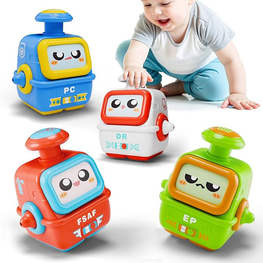 iPlay, iLearn Press to Go Robot Car Toys for Toddlers 1-3, Baby Push Go Friction Race Cars for 12 18 24 Month, 4pcs Infant Play Bot Vehicle Set, 1st Birthday Gifts for 1 2 3 Year Old Boys Girls Child
