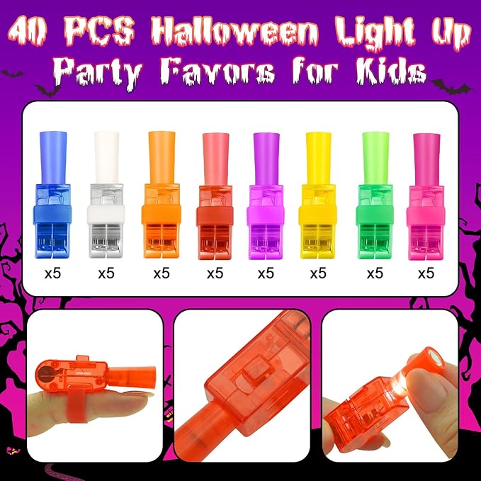 Halloween Party Favors for Kids, 40PCS LED Light Up Finger Lights Toys Goodie Bag Fillers Treats Glow In The Dark Toy Favors Bulk for Halloween Party Classroom Prizes Trick or Treats Gifts