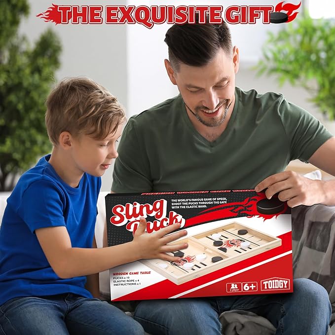 Large Fast Classic Slingshot Puck Game, Wooden Air Hockey Board Games for Family Night, Table Games for Adults and Kids, 2 Player Game for Ages 6 and Up, Test Your Speed and Accuracy