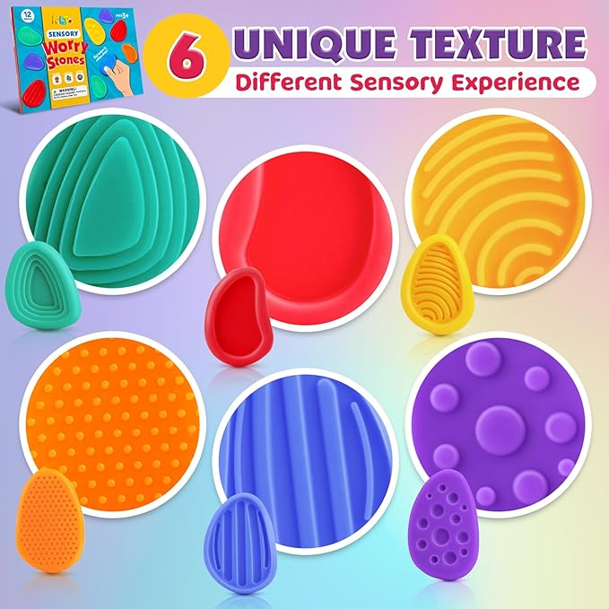 Fidget Toys Sensory Stone for Kids: 12 Pack Texture Worry Stone - Soothing Sensory Tools for Autism Children Calming - Quiet Fidgets for Student Classroom Must Have Prizes