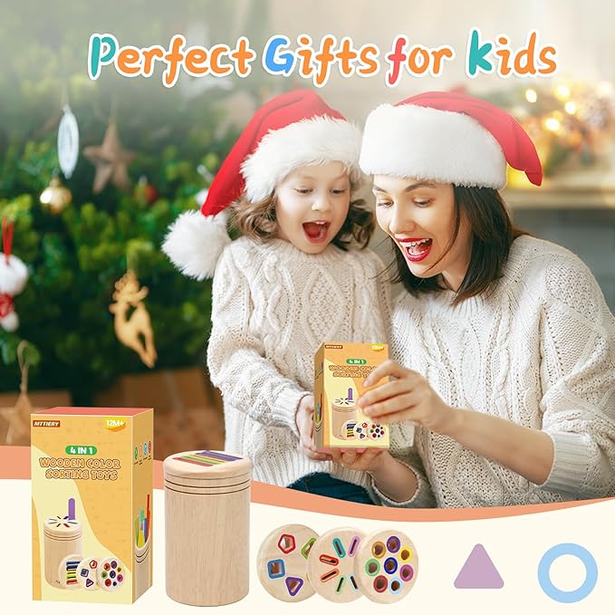 4 in 1 Montessori Toys for 2 3 4 Year Old, Wooden Color Sorting Toys for Toddlers 1-3, Preschool Learning Activities Fine Motor Matching Games, 18 Month Old Gifts for Kids Boys Girls