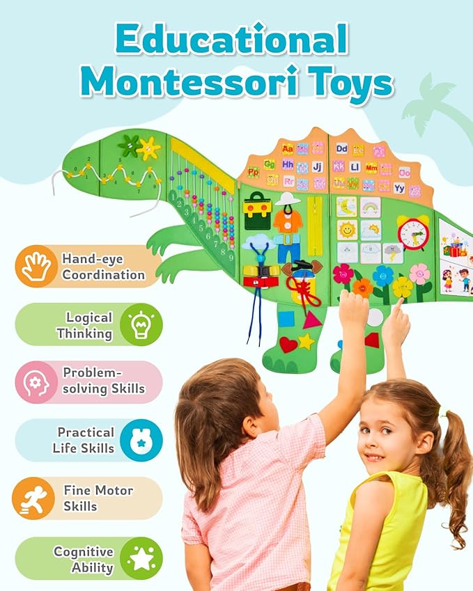 Dinosaur Montessori Busy Board: 10 in1 Sensory Wall Panel for Kids, Toddler Sensory Toys Learning Activity Wall for Playroom, Daycare, Class, Travel, Gifts for 3 4 5 6 Year Old Boys Girls