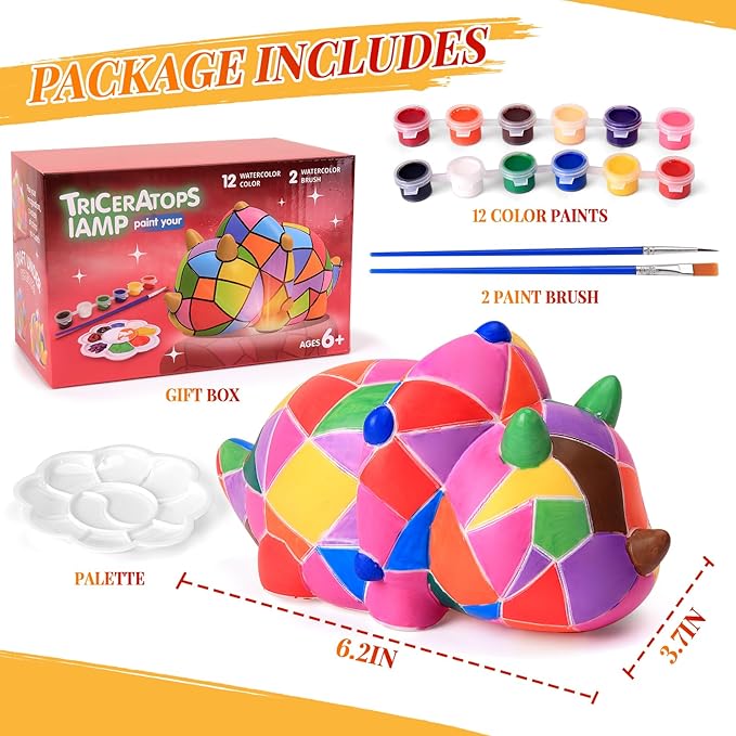 Paint Your Own Dinosaur Lamp Kit - Art Supplies Arts & Crafts Kit, Painting Kit for Kids Ages 6-12, Arts and Crafts for Kids Ages 8-12, Christmas Birthday Gifts for Girls Boys Age 5 6 7 8 9 10 11 12+