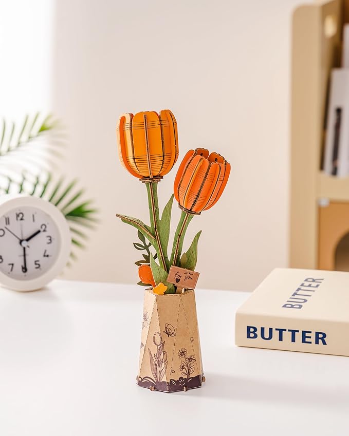 rowood Wooden Flower,DIY Artifical Flower Building Set Craft Kit for Adults,Mother's Day/Valentine's Day for Mom/Women/Grandma-Orange Tulip