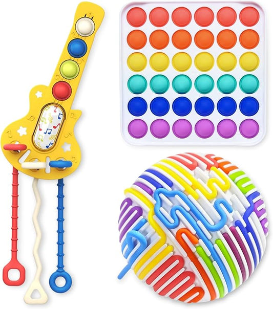 3-in-1 Fidget & Sensory Toy Set for Kids Sensory Explorer Kit with Pull-String Ball, Guitar Pop Toy, Tactile Fidget Board – Calming, Focus, Autism-Friendly