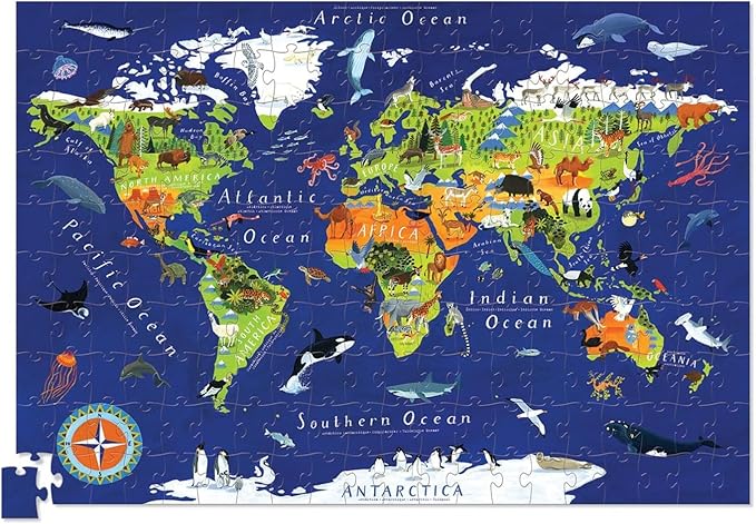 Crocodile Creek 200-Piece Jigsaw Floor Puzzle with Matching Poster - Fun Puzzles for Kids Ages 6-8 and Up - Heavy-Duty Storage Cylinder with Handle - World Map - 19" x 13" Finished