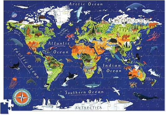 Crocodile Creek 200-Piece Jigsaw Floor Puzzle with Matching Poster - Fun Puzzles for Kids Ages 6-8 and Up - Heavy-Duty Storage Cylinder with Handle - World Map - 19" x 13" Finished