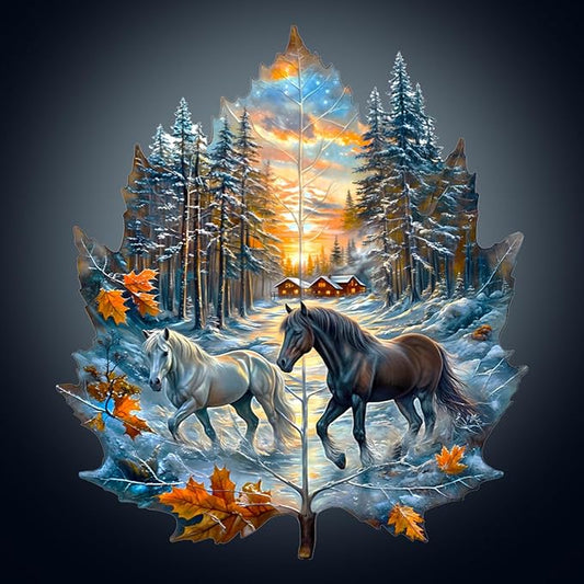 Wooden Puzzle for Adults-Wooden Puzzle Unique Shape Advanced Winter of The Stallion Wooden Jigsaw Puzzle for Adult, Wood Puzzles,Challenge Wooden Jigsaw Puzzle(M-11.4 * 10.1in 200pcs)