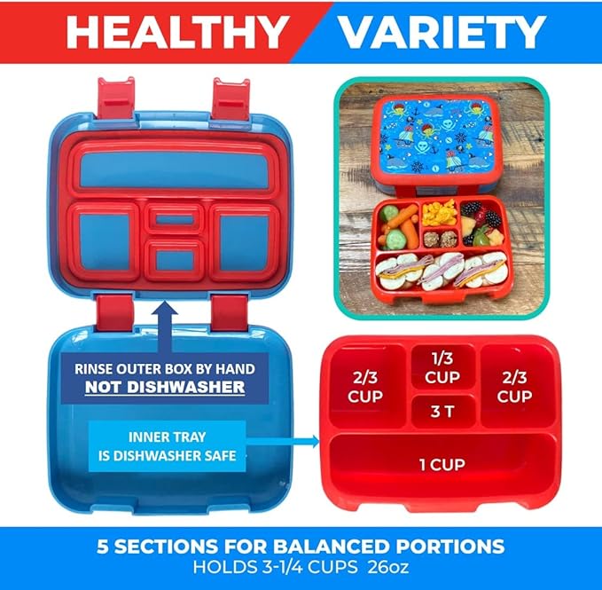 Bento Box with Thermo and Insulated Lunch Bag Set for Kids Boys Toddlers, 5 Compartment Lunch-box with Ice Pack and Utensil, For Hot and Cold Food, Soup, Blue Pirates