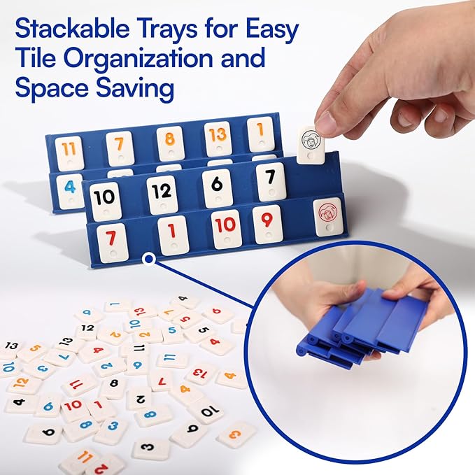 Mini Travel Rummy Cube Game 4 Players with Portable Case, 106 Melamine Rummy Tiles & 4 Holders, Small Classic Family Strategy Board Game for Adults Kids