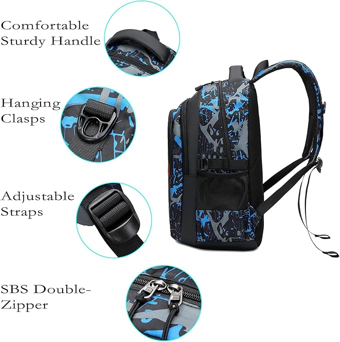 Asge Backpack for School Boys Backpacks for Kids Camo Bookbag for Middle School Bags Waterproof Travel Back Pack (Blue)