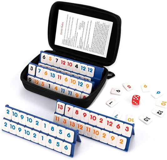 Mini Travel Rummy Cube Game 4 Players with Portable Case, 106 Melamine Rummy Tiles & 4 Holders, Small Classic Family Strategy Board Game for Adults Kids