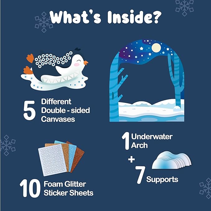 BINCA Foam Sticker Mosaic Art Activity, 750+ 3D Glitter Foam Stickers, 5 Winter Animals with Display Arch, DIY Mess-Free Activities, Felt Craft Kits & Gifts for Boys & Girls Ages 5,6,7,8