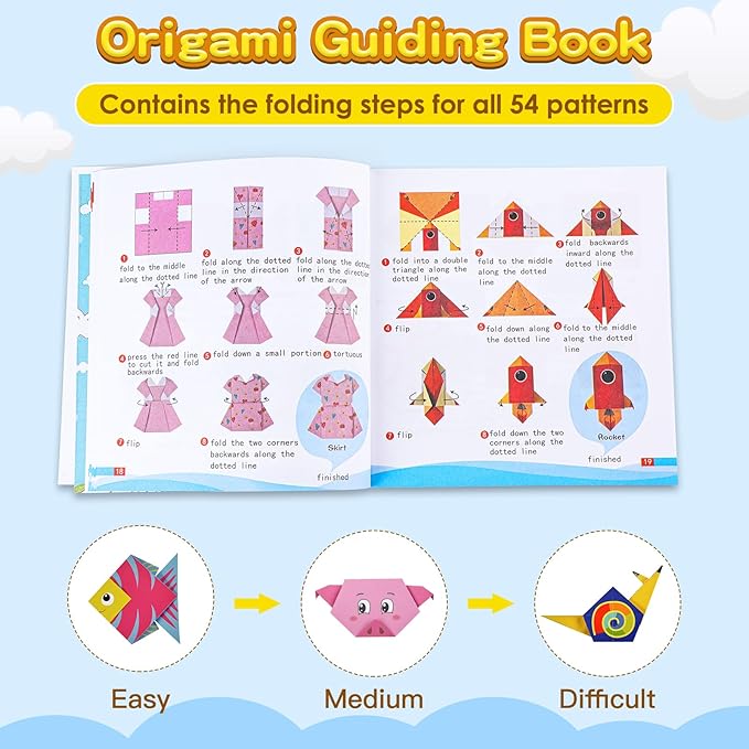 158 Sheets Origami Paper Kit for Kids Ages 5-8 8-12 with Guiding Book DIY Art and Crafts Supplies Kits for Girls and Boys Square Easy Fold Paper Travel Activities Birthday Christmas Gifts