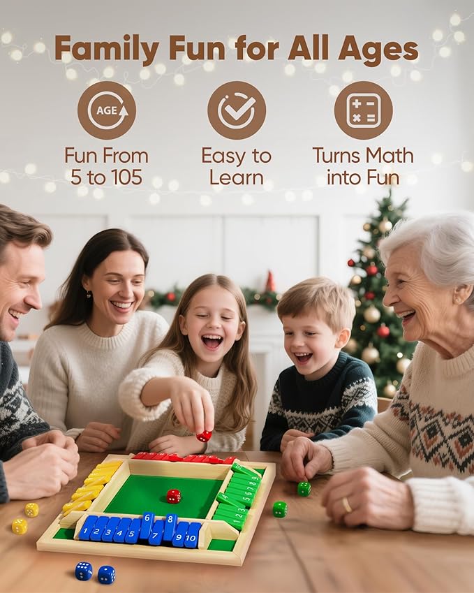 Classic Original Shut The Box Game, Math Dice Board Game for Family Night Classroom Travel, Wooden Table for Group Kid Adult Senior, Camp Party Bar, Easy Quick and Fun, 2-4 Players