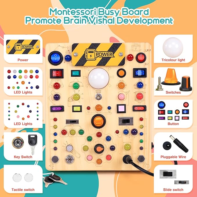 RichBoy Busy Board for 1-3 Year Old, 59 in 1 LED Light Up Wooden Sensory Montessori Switch Board Toy for Toddlers Travel Gift (7.8" x 6.5")