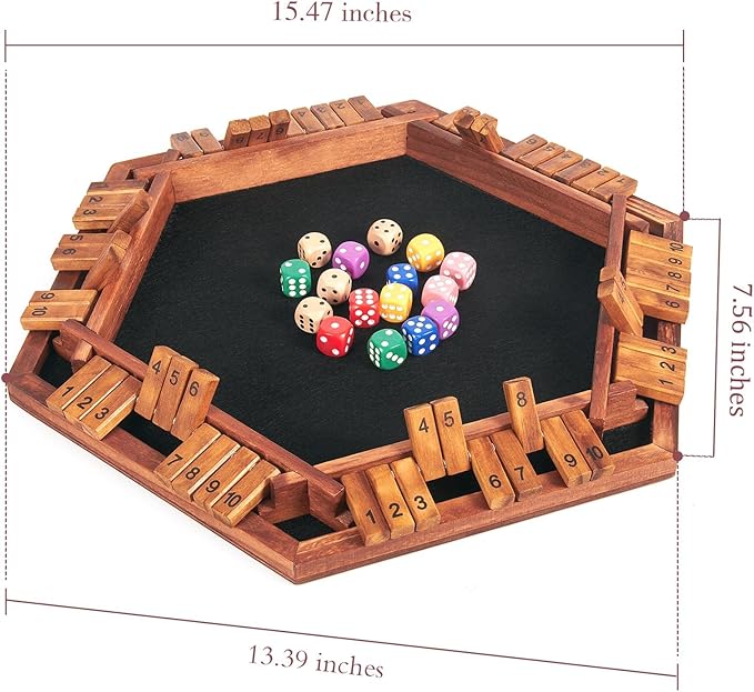AMEROUS Upgraded 1-6 Players Shut The Box Dice Game, Wooden Board Table Math Game with 16 Dice for Kids Adults, Family Classroom Home Party or Pub