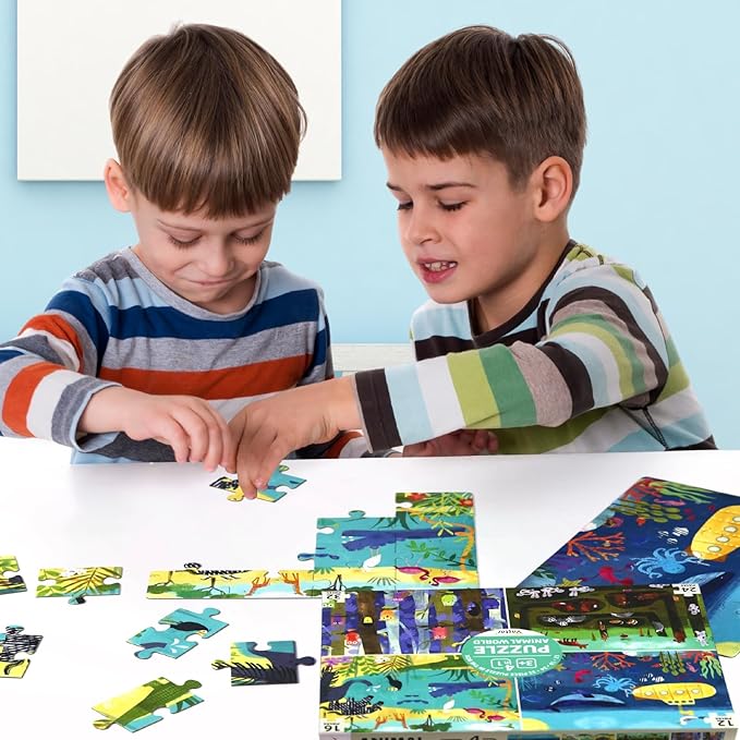 Puzzles for Kids Ages 3-5, 4 Pack 4-Difficulty-Level Puzzle with 12 16 24 32 PCS, Color-Zones on Back, 4-in-1 Progressive Animals World Jigsaw Toy Gift for Age 3 4 5 6 Year Old Boys Girls