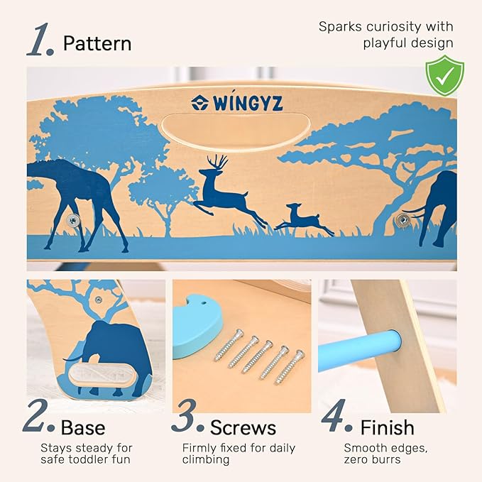 wingyz 8-in-1 Pikler Triangle Set-Wooden Baby Climbing Toys with Cushion,Arch, Ramp & Ladder | Montessori Toddler Climber Indoor Jungle Gym for Kids (Blue)