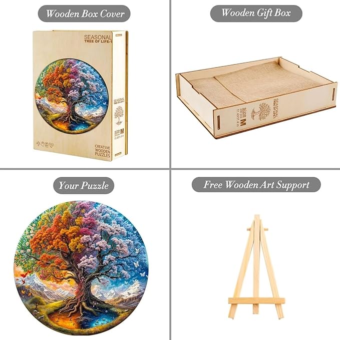 Wooden Puzzles Adults, Seasonal Tree of Life Wooden Puzzles 300 Pieces, Unique Animal Shaped Wood Challenging Jigsaw Puzzles for Adults, 13.4x13.4in