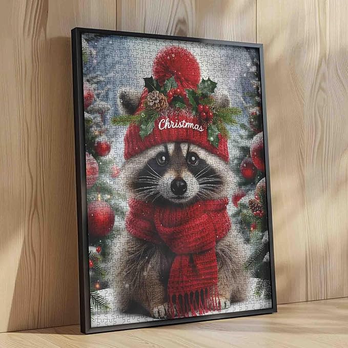 1000 Piece Jigsaw Puzzles for Adults Raccoon Wearing Christmas Hat Jigsaw Puzzle Winter Scene 1000 Pieces Puzzles Family Fun Game Christmas Animal Decor DIY Craft Bedroom Decor Wildlife Puzzle Art