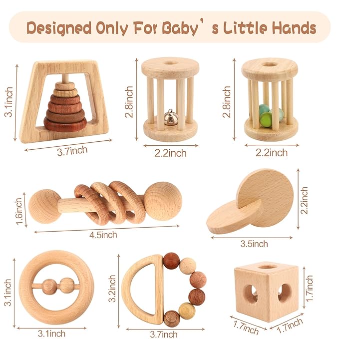 Wooden Baby Toys, 8PCS Wood Montessori Toys for Babies 18-36 Months, Wooden Baby Rattles Set for Grasping, Sensory Development and Cognitive Growth, Gift for Infant Girls Boys